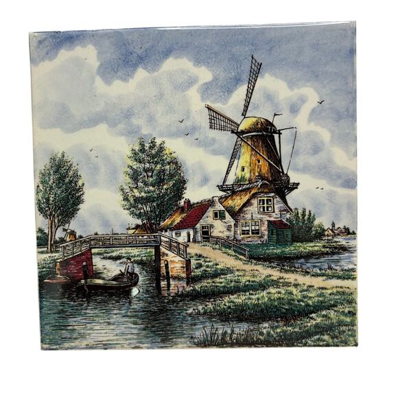 Delftware Vintage Ceramic Tile Hand Painted Wall Hanging Windmill Boat Bridge 6" - Picture 1 of 6